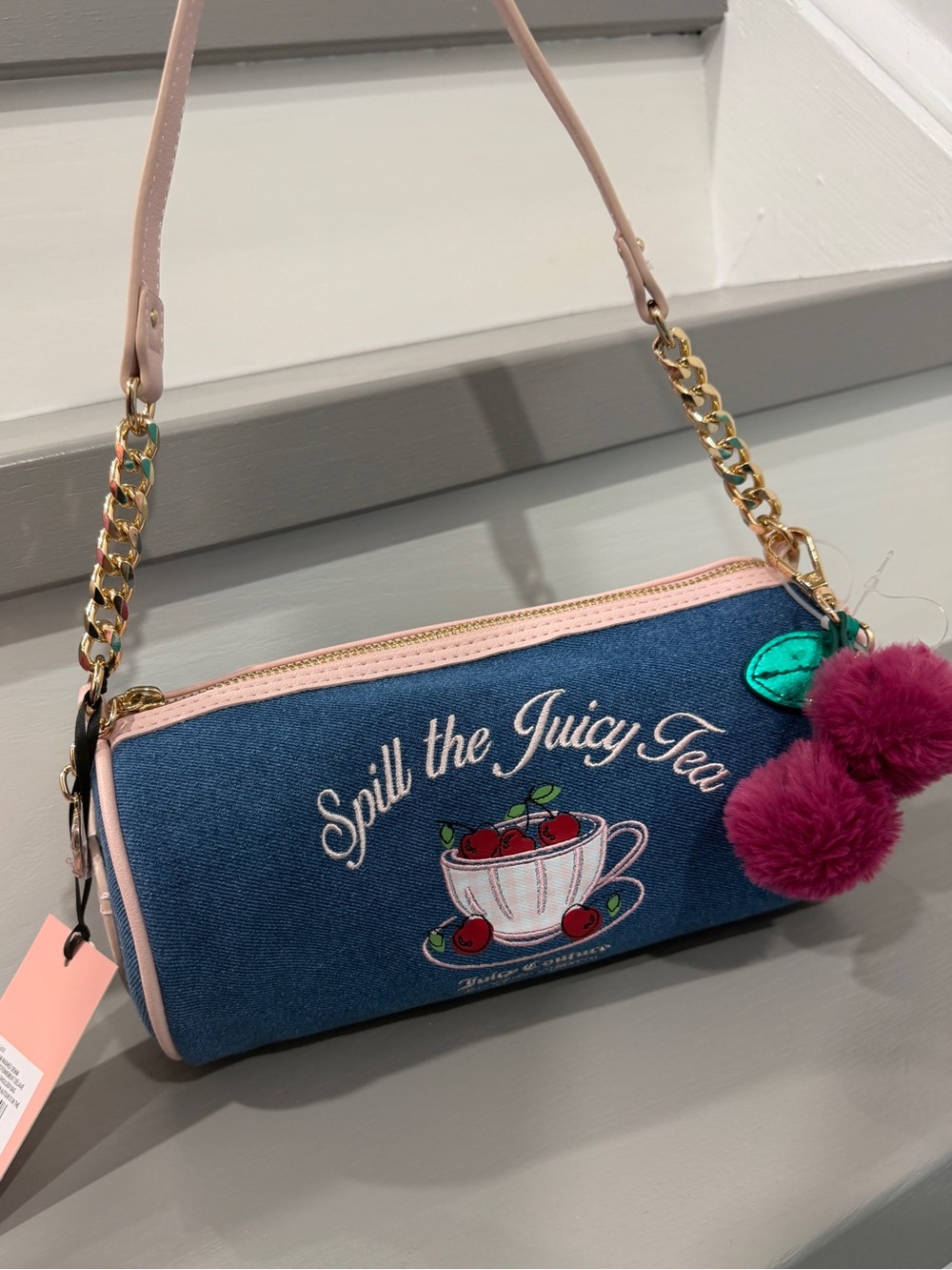 Juicy Couture Denim Mini Bag with Pink Trim and Magenta Pom